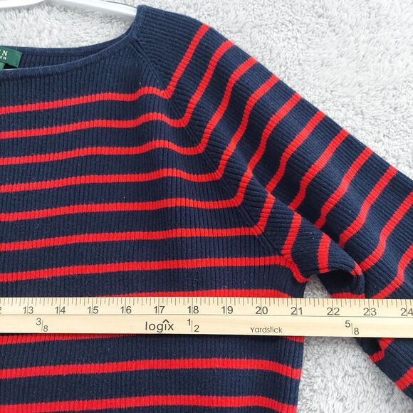 Ralph Lauren Sweater Womens 2X Navy Blue Red Striped Knit Boat Neck Gold Belt - Picture 5 of 10